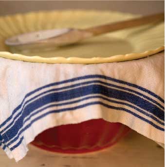 Sourdough mother stored in a bowl covered with a dishtowel and a plate.