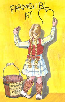 Young farmgirl drawing Farmgirl at Heart while eating a chocolate