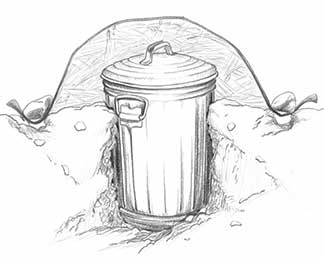 Cutaway drawing of a Garbage Can Root Cellar - buried in the ground; covered with straw and a plastic sheet