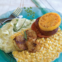 Scallops w/ Mashed Potatoes, Corn & Heirloom Tomatoes