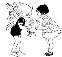 fairy presenting a rose to a little lady