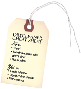 Drycleaner Cheat Sheet - No to: 'Perc', Solvair machines with glycol ether, Hydrocarbon; Yes to: Liquid silicone, Liquid carbon dioxide, Wet cleaning